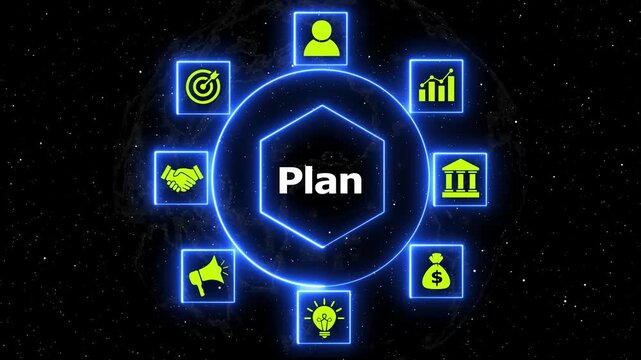 Business plan strategy concept animation footage. Dynamic motion graphics showing business plan icons revolving around central text against dark cosmic space background.