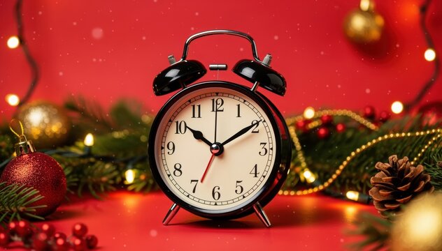 Festive Countdown: A vintage alarm clock amidst shimmering holiday decorations against a deep red backdrop, conveying the anticipation and seasonal cheer.