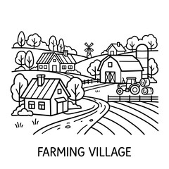 Obraz premium Black and White Illustration of a Farm Village with Fields and Tractor.