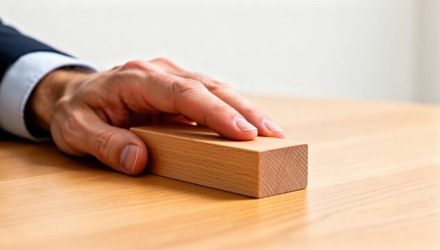 Solemn Pledge: A person's hand rests solemnly on a wooden block on a wooden surface, signifying a commitment to truth, honor, and integrity.