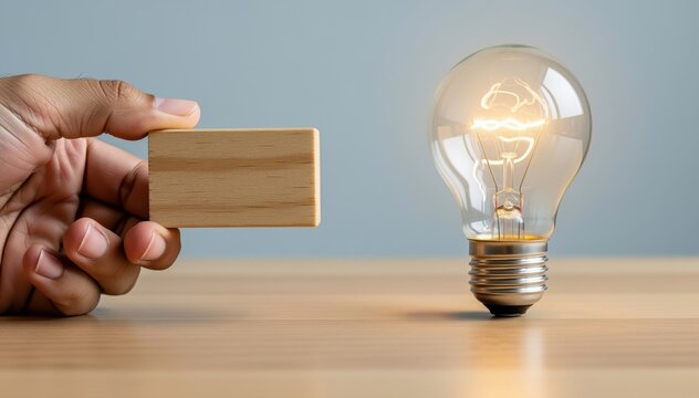 Idea Ignition: A close-up shot of a hand holding a wooden block next to a glowing light bulb, representing a spark of inspiration and innovative thinking. 