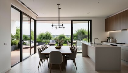 Fototapeta premium Modern Dining Elegance: A stylish dining area exudes a sense of refined living. Floor-to-ceiling windows offer panoramic views of an outdoor terrace, bathed in natural light.