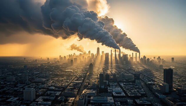 Air Pollution in the City: A stark depiction of air pollution, where billowing smoke and smog engulf a sprawling cityscape, raising concerns about environmental health and sustainability.