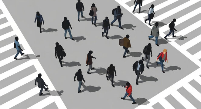 Diverse group of people crossing a busy city street at a crosswalk.