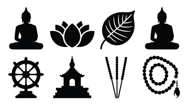Serene buddhist icons collection meditating buddha silhouettes sacred lotus flower dharma wheel pagoda temple incense sticks and prayer beads for spiritual and cultural design