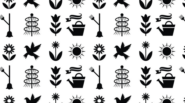 Seamless grid pattern of may day celebration icons featuring floral motifs gardening tools and birds on white background
