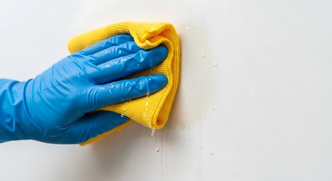 Hand in blue glove cleaning white wall with yellow microfiber cloth