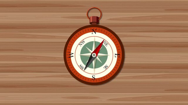 Vintage nautical compass with spinning needle animation on wooden background for navigation and travel concepts.