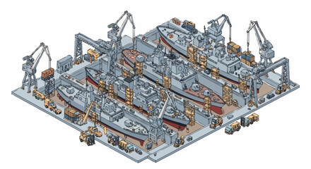 Isometric view of a naval shipyard with multiple warships under construction and repair, surrounded by cranes and industrial equipment. © Ndog