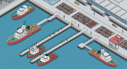Isometric view of a busy shipping port with cargo ships docked and containers stacked on the pier. © Ndog