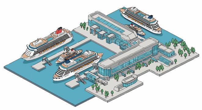 Isometric view of a modern cruise ship terminal with multiple vessels docked at piers, showcasing passenger buildings and surrounding greenery.