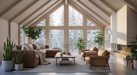 Fototapeta premium Cozy living room interior with large windows overlooking a snowy forest scene