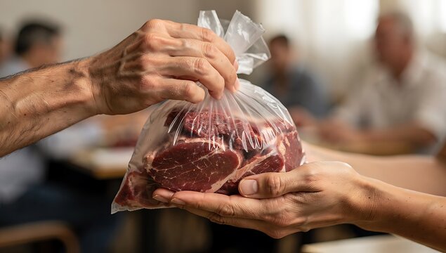 Eid Al-Adha Close-up of hands holding raw meat in transparent plastic packaging for food industry