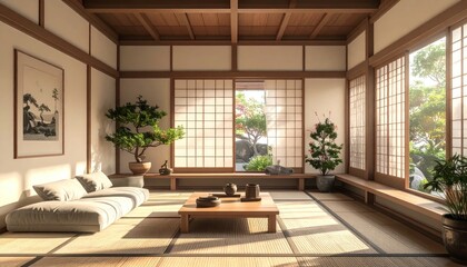Fototapeta premium Serene Japanese Style Living Room Interior.