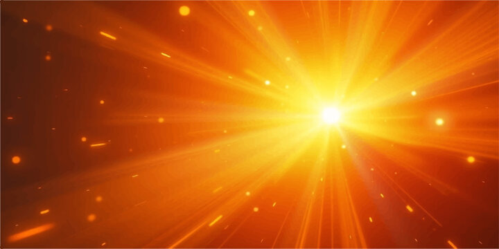 An abstract background design features a bright red burst of glowing light and energy with stars and blue rays shining across a vibrant space illustration