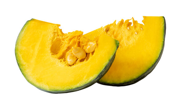 Green Japanese pumpkin fruit cut into two pieces or quarters or slices in stack isolated with clipping path in png file format