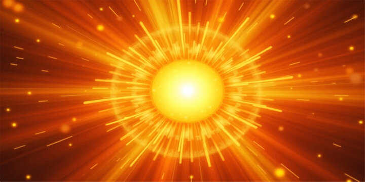 An abstract orange sunrise vector illustration featuring a bright sunburst with yellow light rays and glowing beams of summer sunlight in a warm sky backdrop design