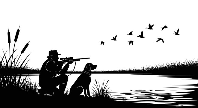 Hunter and dog wait for ducks to fly by the lake.