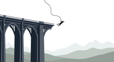 Silhouette of a person bungee jumping from a high bridge over a mountain landscape © Melatunz