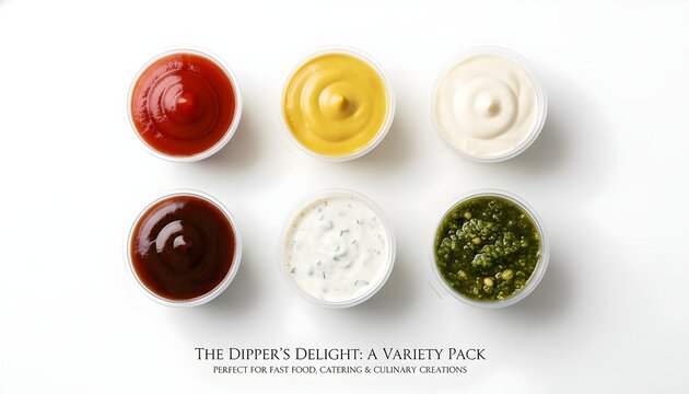 Six small plastic cups hold assorted sauces and dips. Red ketchup, brown BBQ, yellow mustard, creamy mayo, green pesto, and orange dip are neatly arranged. Food prep station. Food & Culinary