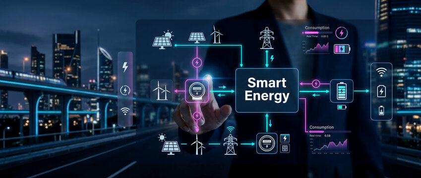 Person interacting with smart energy network diagram at night city background