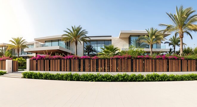 Modern luxury villa with tropical landscaping palm trees and bougainvillea flowers