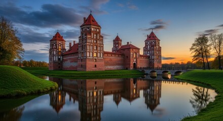 Obraz premium Mir Castle Complex at Sunset - A Majestic Architectural Marvel.