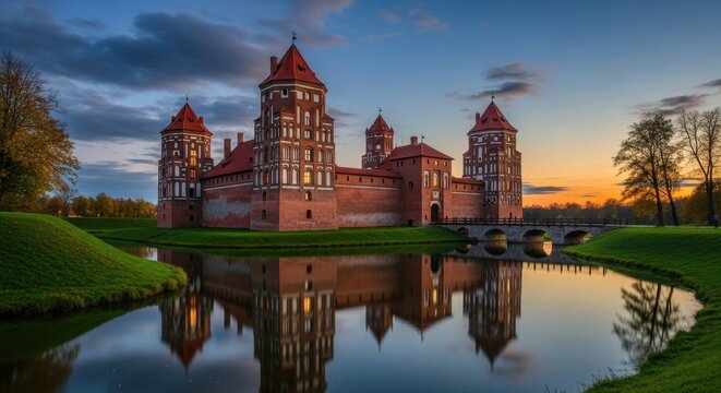 Mir Castle Complex at Sunset - A Majestic Architectural Marvel.