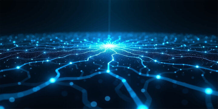 A blue abstract background featuring fiber optics and light spots represents a global digital network concept for business and internet communication across the planet