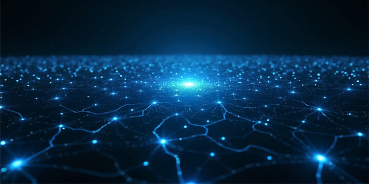 Blue abstract fiber optics background with light spots forming a digital global network connection across a high-tech world map and earth globe illustration