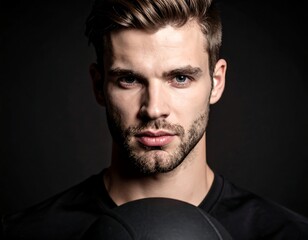 Fototapeta premium Portrait of a handsome, fair-skinned man with brown hair and a well-groomed beard. He looks directly at the camera against a dark background