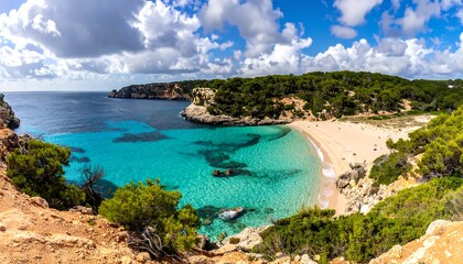 Obraz premium Panoramic view of a secluded cove with crystalline turquoise water, golden sand beach, and lush green vegetation