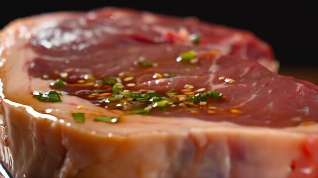 raw meat surface macro close-up as marinade pours and spreads into crevices, highlighting absorption and texture for cooking preparation, seasoning process, and culinary presentation visuals