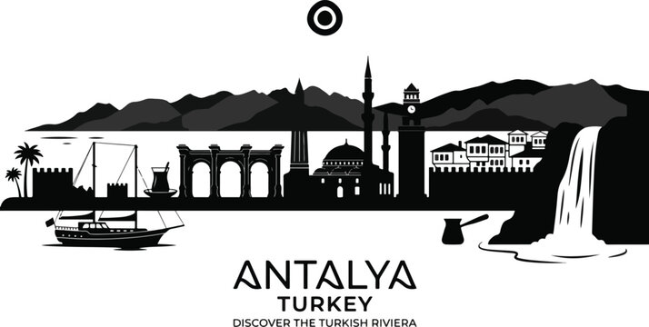  Antalya Turkey Skyline Horizontal Panoramic Silhouette Travel Poster Flat Vector 2026 