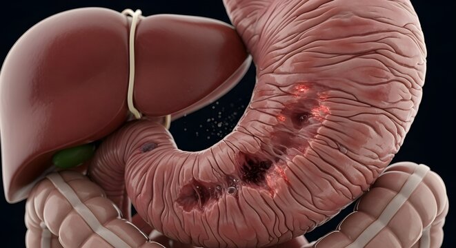 Detailed 3D rendering of the human stomach with visible lesions and damage, illustrating gastric ulcers or early-stage cancer