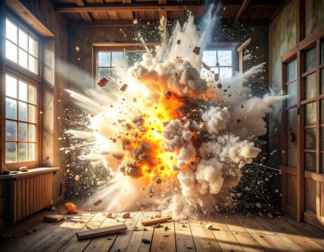 Explosion in an abandoned room interior.