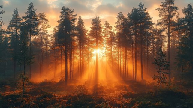 Golden Hour Sunlight Through Dense Forest Trees Creating Hazy Fog and Warm Glow