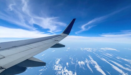 Fototapeta premium Airplane Wing View Above Clouds During Daytime Flight.