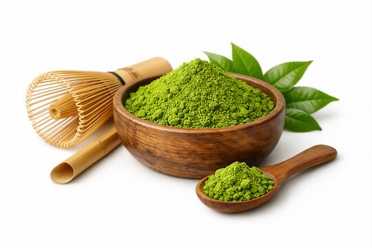 matcha tea powder in bowl with whisk and spoon isolated background