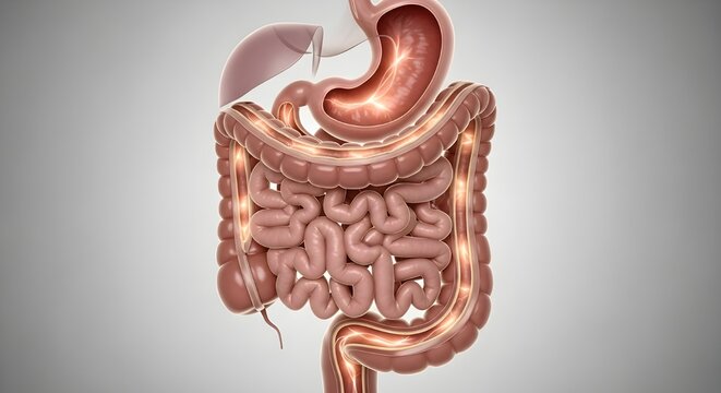 Detailed 3D Medical Illustration of the Human Digestive System, Highlighting Key Organs and Dynamic Internal Processes with Glowing Visual Effects