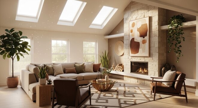 Modern living room interior with skylights and comfortable seating arrangement