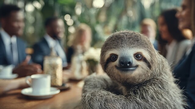 Humorous concept of a sloth participating in a professional discussion with blurred colleagues