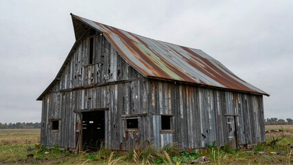 Obraz premium Abandoned Rustic Barn with Rusty Roof in Rural Countryside