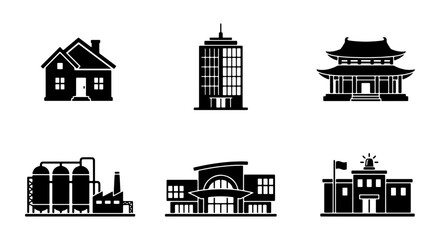 Naklejka premium Diverse Architectural Icon Set Featuring Residential, Commercial, and Industrial Buildings 