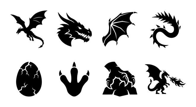 Mythical Dragon Icons Set, Fantasy Creature Silhouettes, Legendary Beast Vector Graphics, Ancient Mythology Symbols, Magical Creature Elements