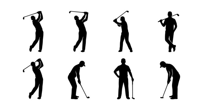 Golf Player Silhouette Set, Male Golfer Action Poses including Swing Putting and Standing with Club Vector Icons