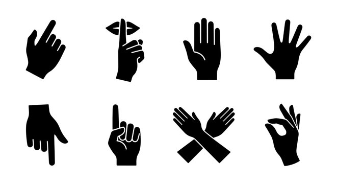 Hand Gesture Silhouette Icon Set, Common Human Communication Symbols including Pointing Silence Stop and OK Vector Graphics