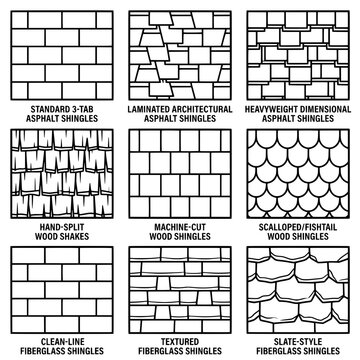 Various Types of Asphalt and Fiberglass Shingles for Roofing.
