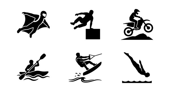 Extreme Sports Icons Set: Wingsuit Flying, Parkour, Motocross, Kayaking, Wakeboarding, Diving Vector Graphics for Active Lifestyle and Adventure Themes