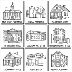 Fototapeta premium Collection of Various Post Office Building Styles and Designs.